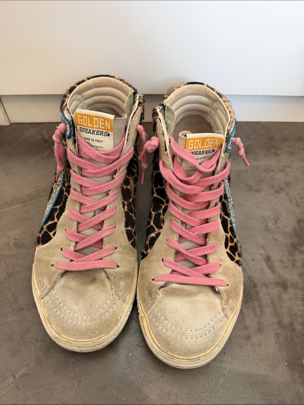 Golden Goose Leopard-Panel High-Top Sneakers with Pink Laces